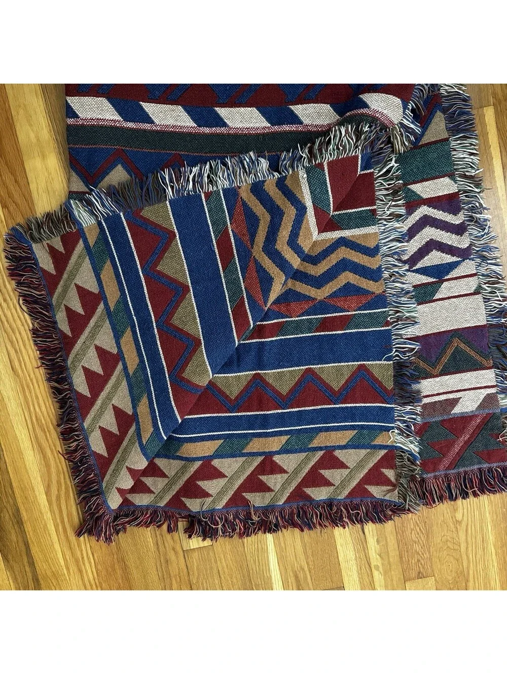 Vintage Tapestry Throw Blanket 1990s Southwestern Fringe Woven Western Red Aztec